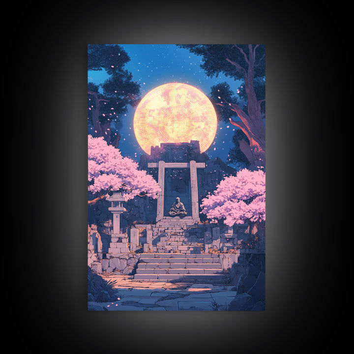 Glowing Moon Shrine With Meditating Monk Canvas Print, Japanese Wall Art, Cherry Blossom Decor, Zen Fantasy Living Room Art
