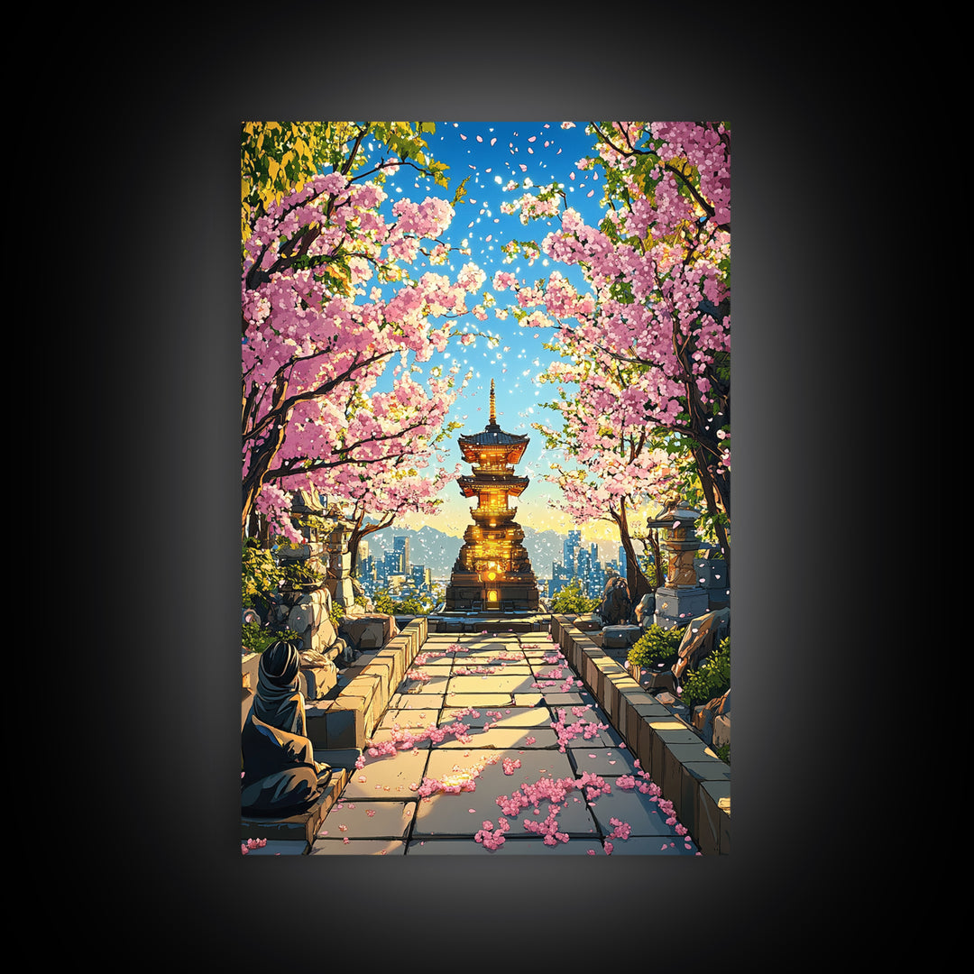 Cherry Blossom Pagoda Path Wall Art, Japanese Temple Landscape, Anime City Skyline, Spring Decor, Large Framed Canvas Print