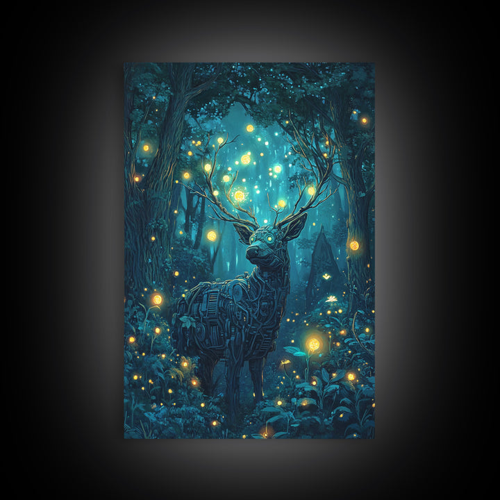 Mechanical Deer In Enchanted Forest Wall Art, Glowing Firefly Fantasy, Cyberpunk Animal Art, Whimsical Nature Canvas Print