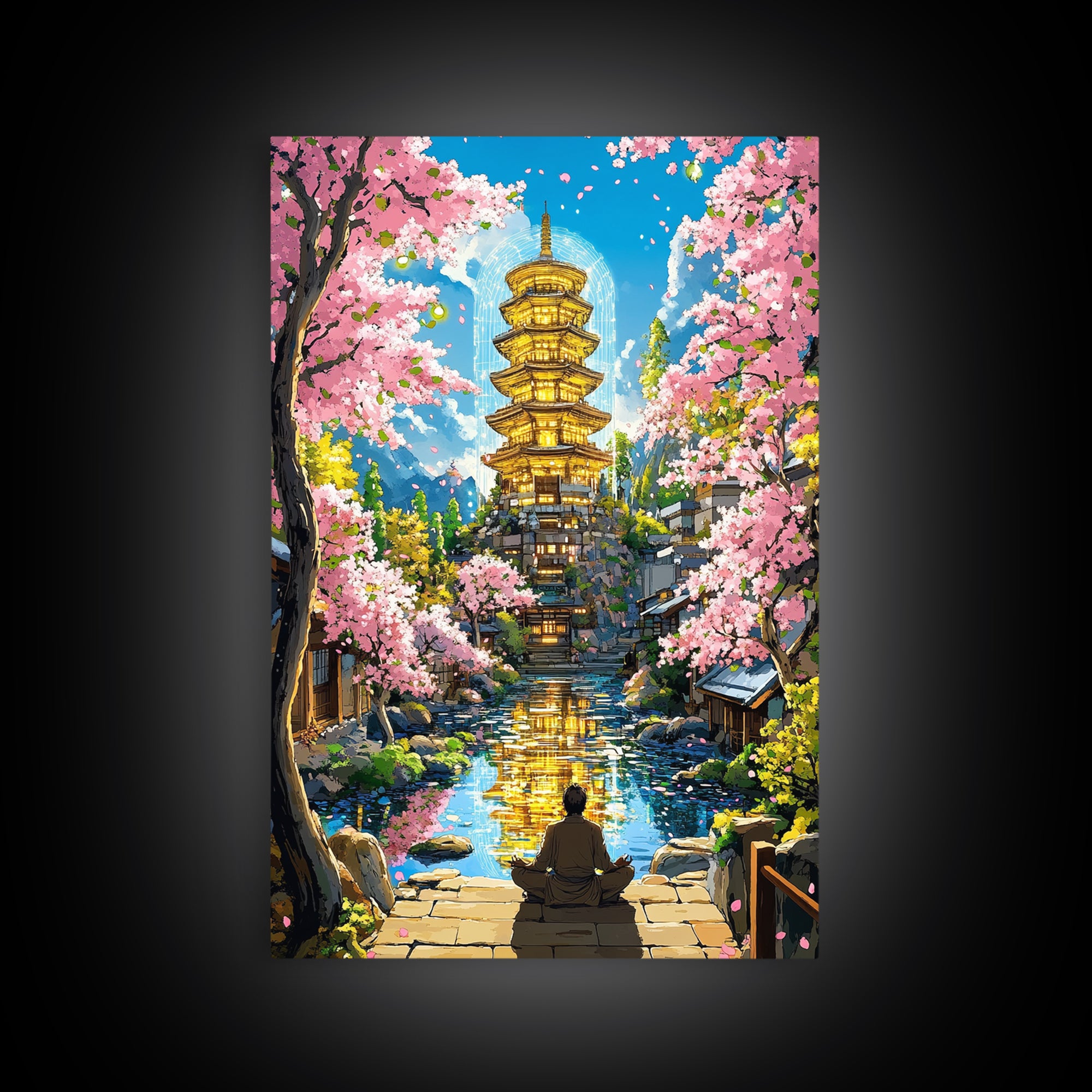 Golden Pagoda Reflecting On Canal Framed Canvas Print, Japanese Cherry Blossom Wall Art, Zen Landscape, Asian Home Decor