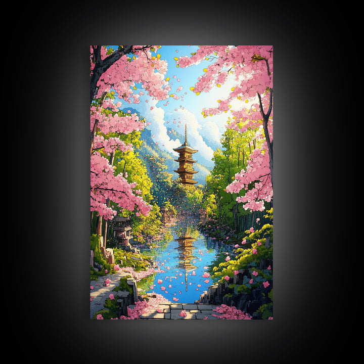 Cherry Blossom River Pagoda Canvas Print, Japanese Mountain Landscape Wall Art, Spring Nature Decor, Calming Living Room Art