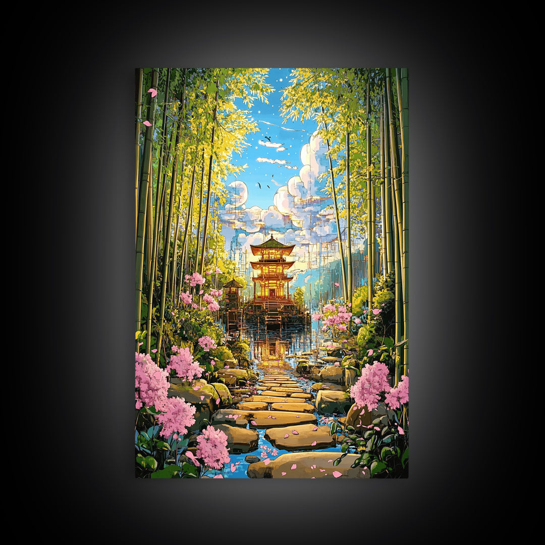 Bamboo Grove Temple Over Water Wall Art, Japanese Zen Landscape, Cherry Blossom Path, Japandi Decor, Framed Canvas Print