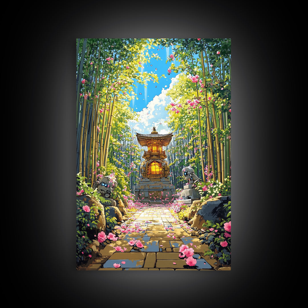Sunlit Bamboo Garden Shrine Wall Art, Japanese Lantern Path, Pink Flower Decor, Zen Nature Art, Large Framed Canvas Print