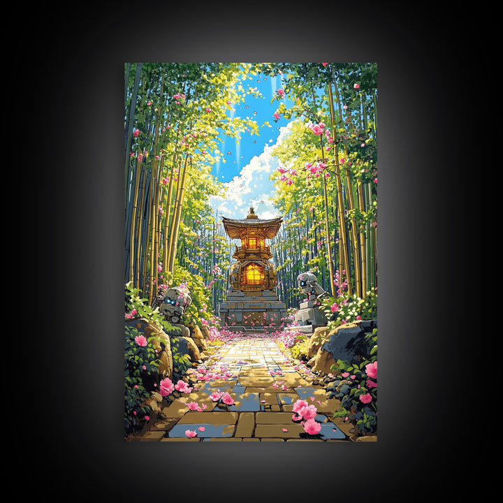 Sunlit Bamboo Garden Shrine Wall Art, Japanese Lantern Path, Pink Flower Decor, Zen Nature Art, Large Framed Canvas Print