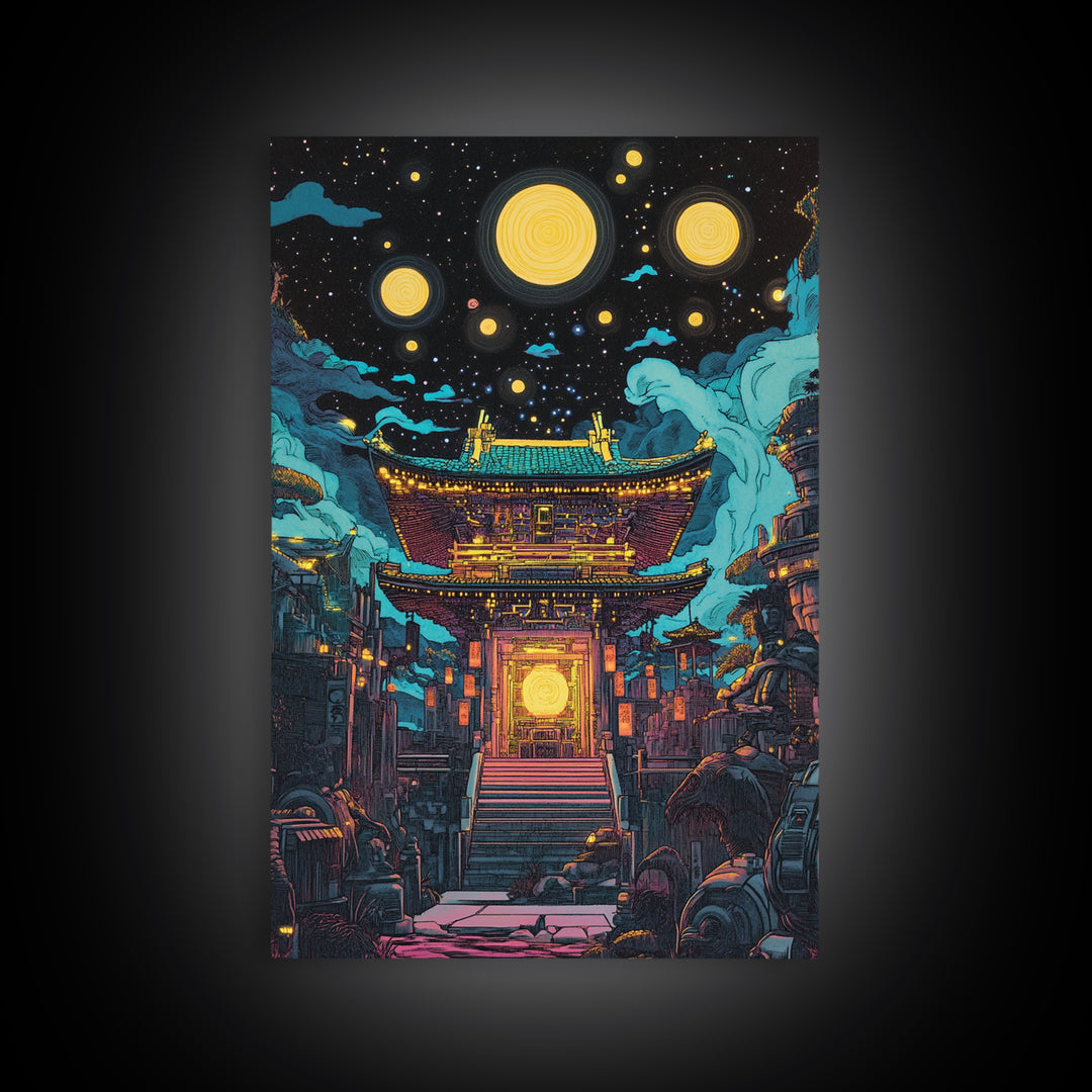 Starry Night Japanese Temple Wall Art, Glowing Moon Sci Fi Fantasy, Asian Cyberpunk Decor, Dark Academia Canvas Print, Home Decor