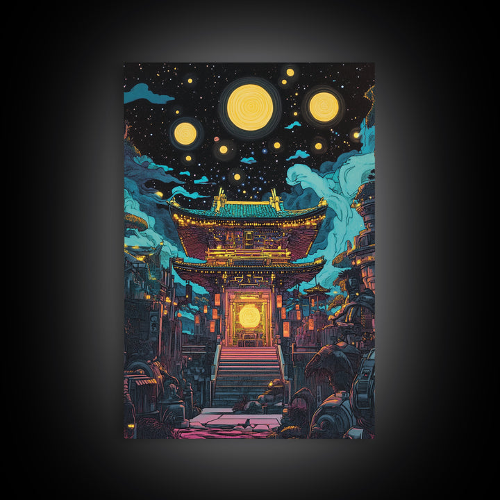 Starry Night Japanese Temple Wall Art, Glowing Moon Sci Fi Fantasy, Asian Cyberpunk Decor, Dark Academia Canvas Print, Home Decor