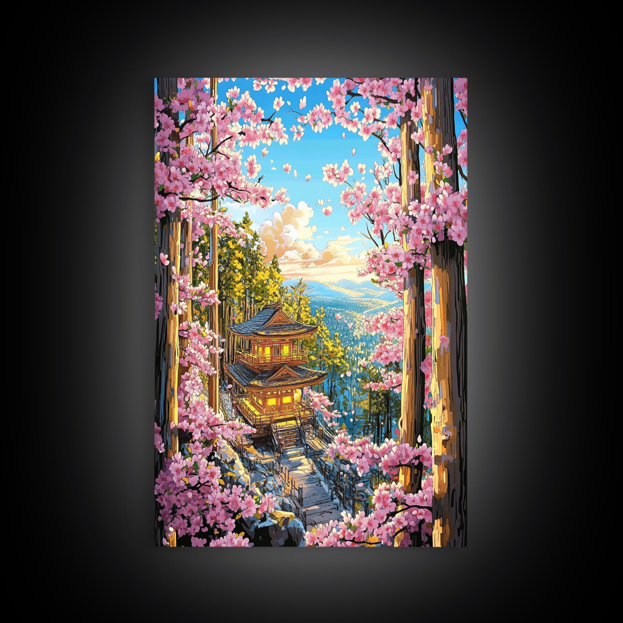 Cherry Blossom Pagoda Forest Wall Art, Japanese Landscape Canvas, Sakura Temple Print, Japandi Home Decor Gift For Living Room
