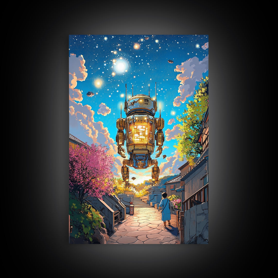 Floating Lantern Robot Wall Art, Futuristic Japanese Street Canvas Print, Cyberpunk Sakura Village Sci Fi Home Decor Gift