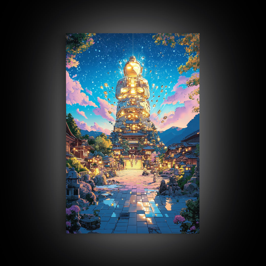 Golden Futuristic Buddha Temple Wall Art, Cyberpunk Japanese Village Canvas Print, Spiritual Sci Fi Decor For Meditation Room