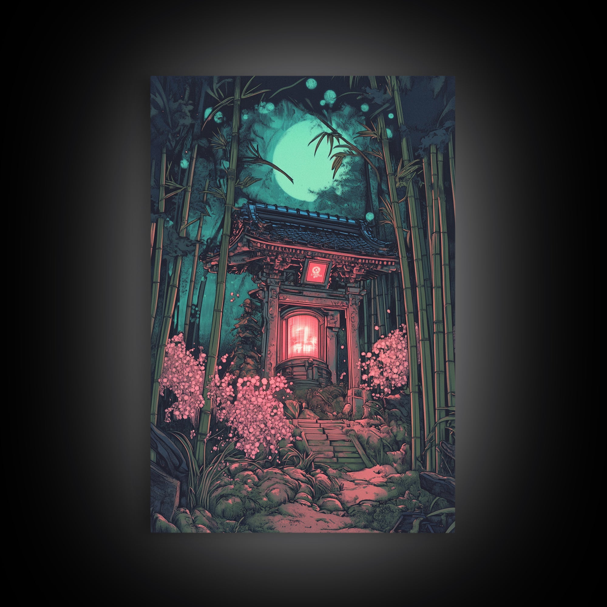 Moonlit Bamboo Shrine Wall Art, Japanese Moon Garden Canvas Print, Dark Botanical Japandi Decor, Pink Floral Temple Scene