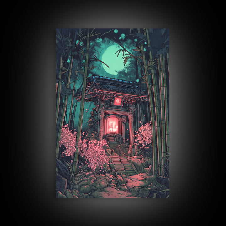 Moonlit Bamboo Shrine Wall Art, Japanese Moon Garden Canvas Print, Dark Botanical Japandi Decor, Pink Floral Temple Scene
