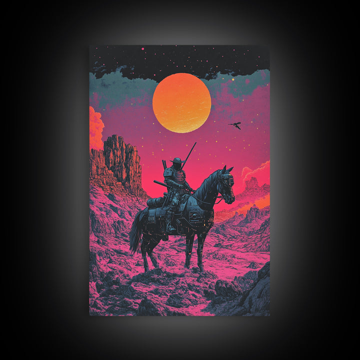Samurai Horseback Desert Wall Art, Orange Sun Western Japanese Canvas Print, Retro Futuristic Warrior Decor Gift For Man Cave