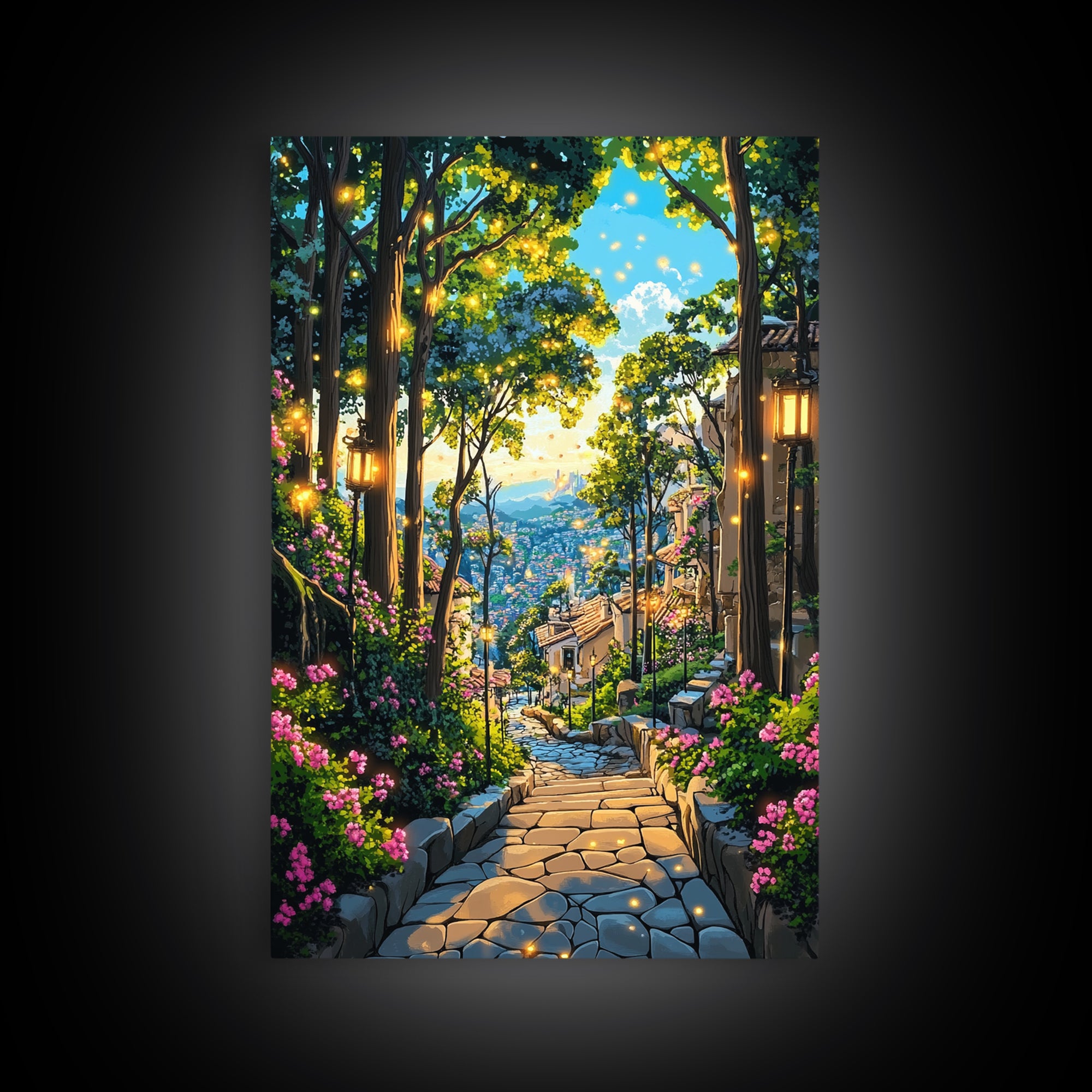 Glowing Forest Stairway Wall Art, Lantern Garden Path Canvas Print, Whimsical Coastal Village Decor For Living Room Gift