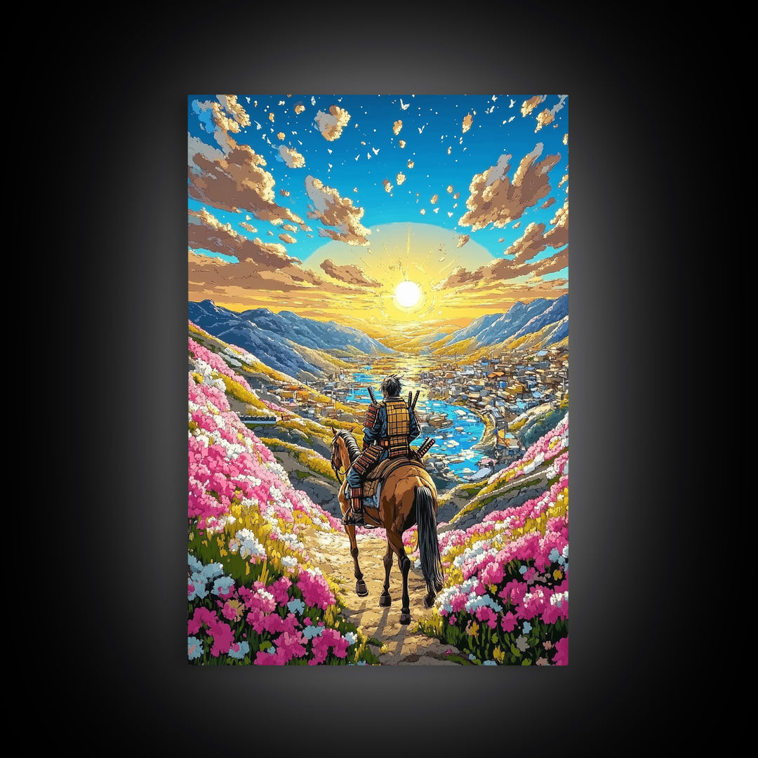 Horseback Warrior Valley Wall Art, Sunrise Mountain Landscape Canvas Print, Pink Flower Meadow Japanese Decor Gift For Home