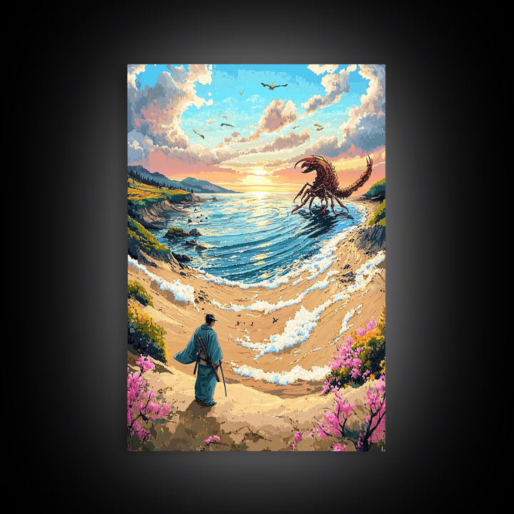 Giant Scorpion Seaside Wall Art, Samurai Beach Landscape Canvas Print, Fantasy Ocean Monster Japanese Decor Gift For Home