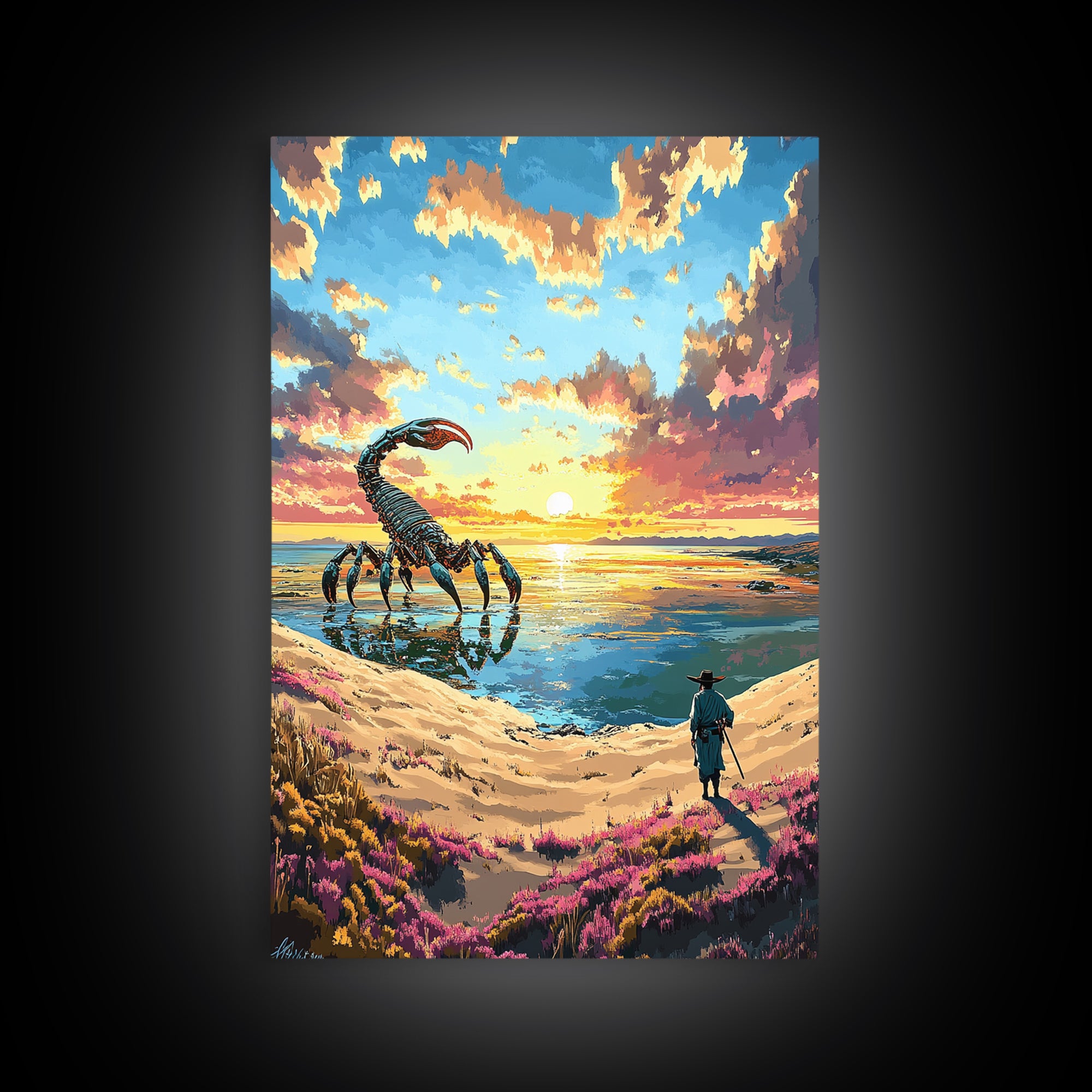 Giant Scorpion Beach Sunset Wall Art, Surreal Fantasy Landscape Canvas, Coastal Sci Fi Decor, Unique Gift For Him, Statement Artwork