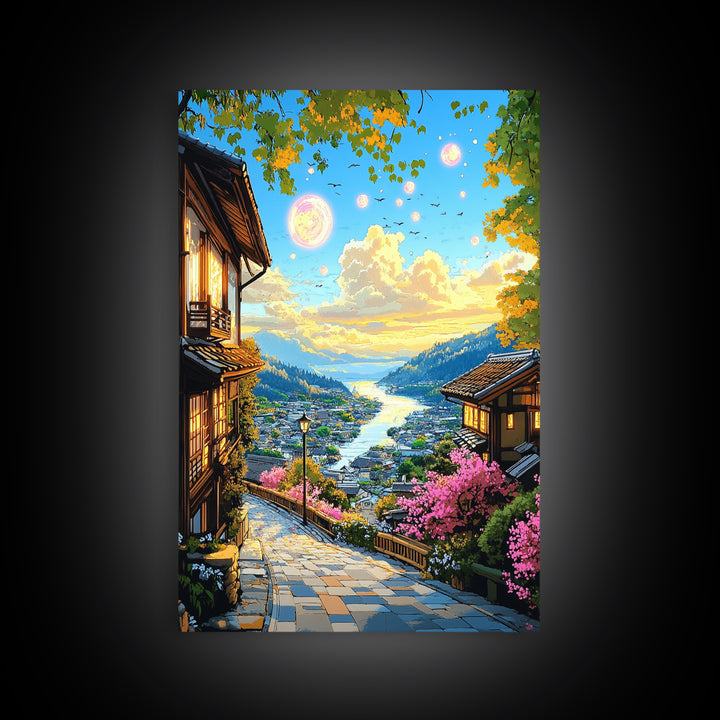 Magical Japanese Lakeside Village Canvas Print, Sunset Mountain Wall Decor, Cherry Blossom Art, Japandi Home Decor Gift Idea
