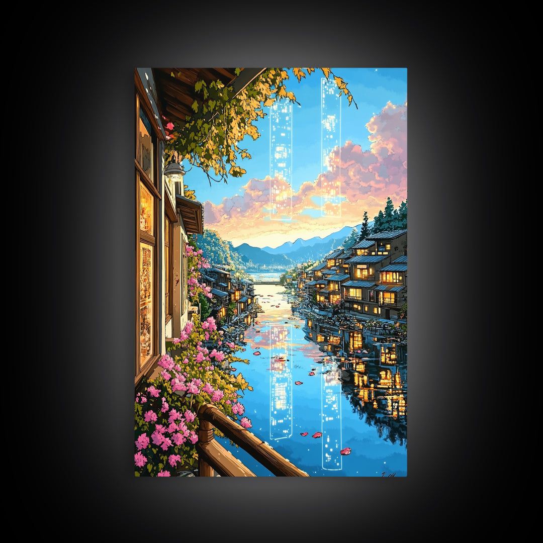 Glowing Canal Village Framed Canvas Print, Japanese Landscape Wall Art, Cherry Blossom Decor, Fantasy Travel Poster Gift