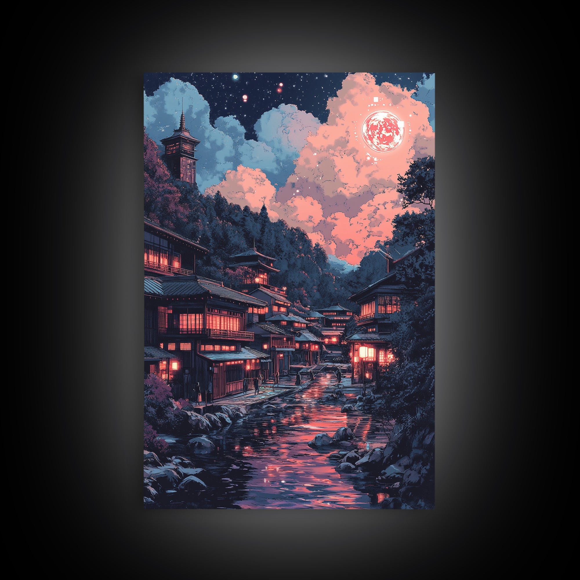 Red Moon Japanese River Village Wall Art, Night Lantern Landscape, Dark Academia Decor, Moody Fantasy Canvas Print For Living Room