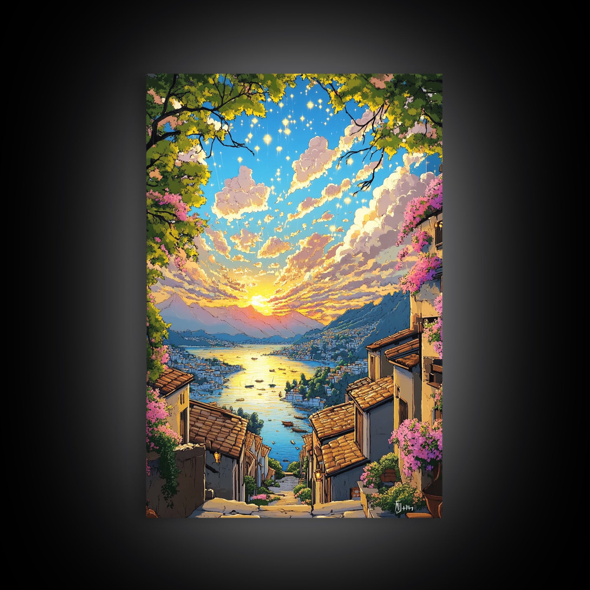 Italian Hillside Village Sunset Canvas Print, Coastal Lake Wall Art, Mediterranean Decor, Romantic Travel Poster Gift Idea