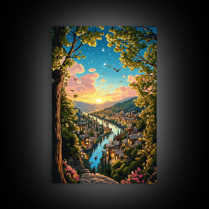 Sunset River City Through Forest Wall Art, Starry Landscape Canvas, Nature Decor, Cozy Living Room Art Print Gift For Her