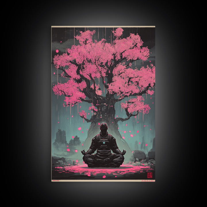 Astronaut Meditating Under Pink Cherry Tree Wall Art, Sci Fi Zen Decor, Dark Botanical Fantasy Framed Canvas Print Gift For Him