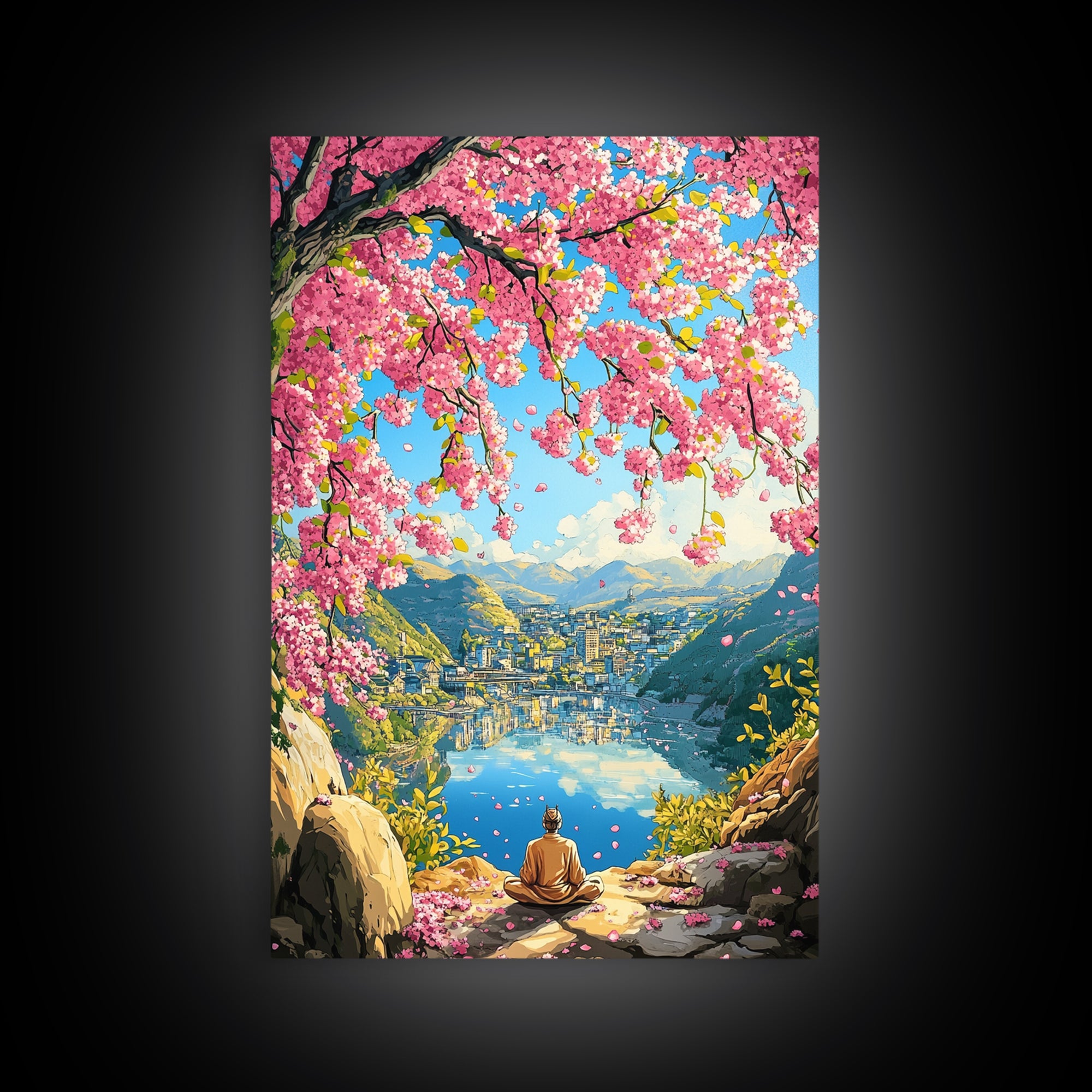 Cherry Blossom Lake Meditation Canvas Print, Japanese Mountain Wall Art, Spring Nature Decor, Peaceful Zen Gift For Her Idea