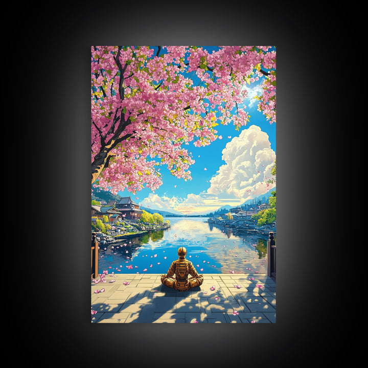 Meditating Samurai Under Pink Cherry Blossoms Wall Art, Japanese Landscape Canvas, Zen Decor, Living Room Art Print, Home Decor