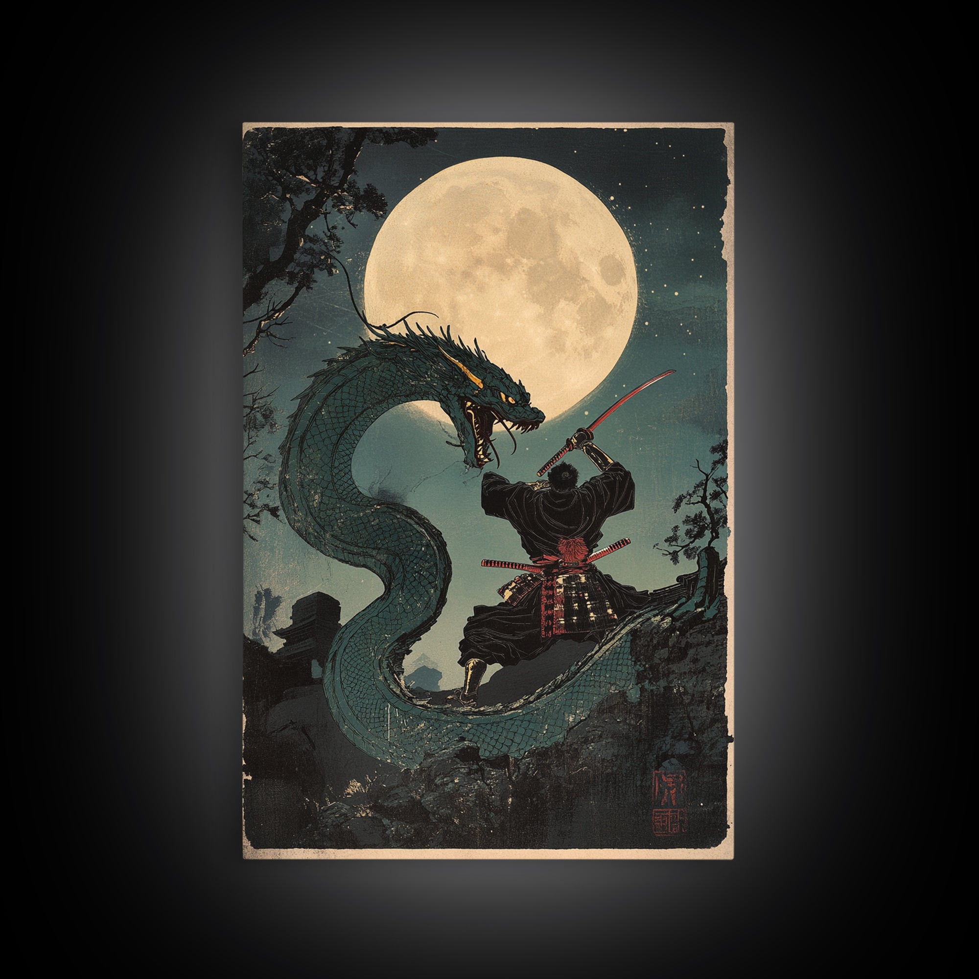 Moon Dragon Duel With Armored Samurai Framed Canvas Print, Japanese Fantasy Wall Art, Dark Academia Decor, Gift For Him, Office Decor