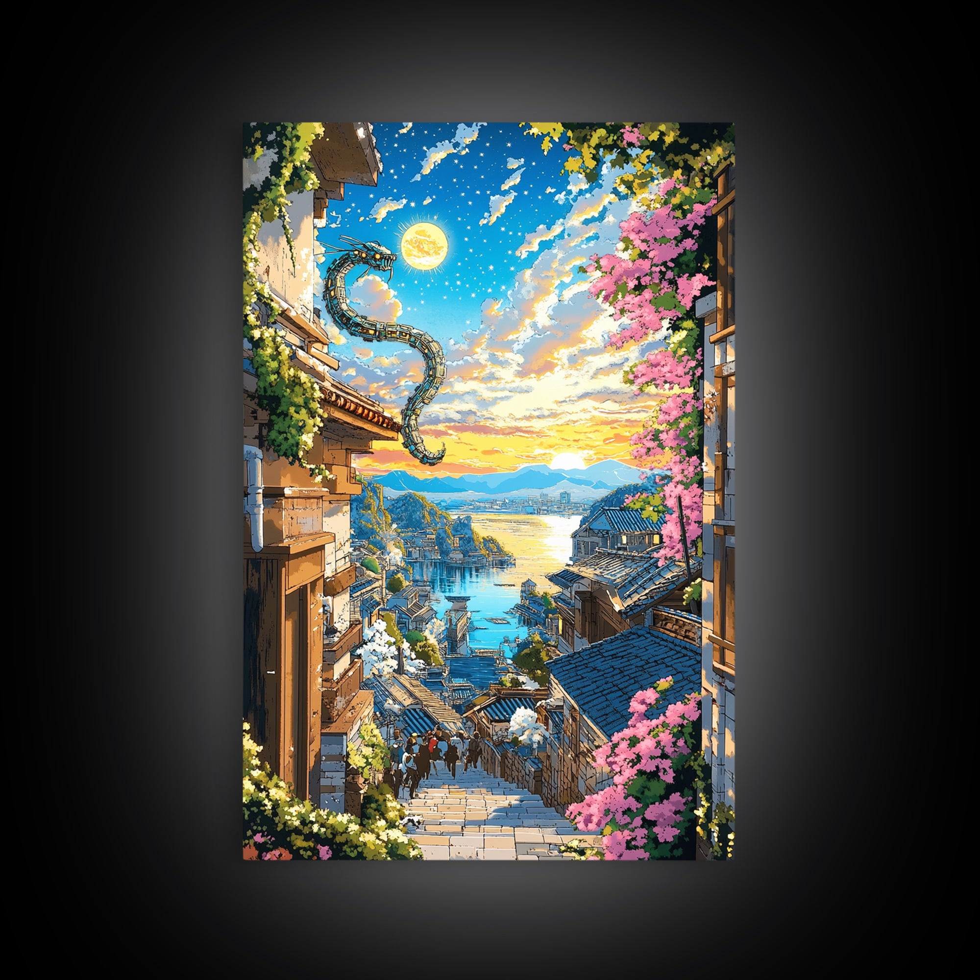 Dragon Over Sunlit Coastal Stairway Canvas Print, Japanese Village Wall Art, Cherry Blossom Decor, Fantasy Landscape Print