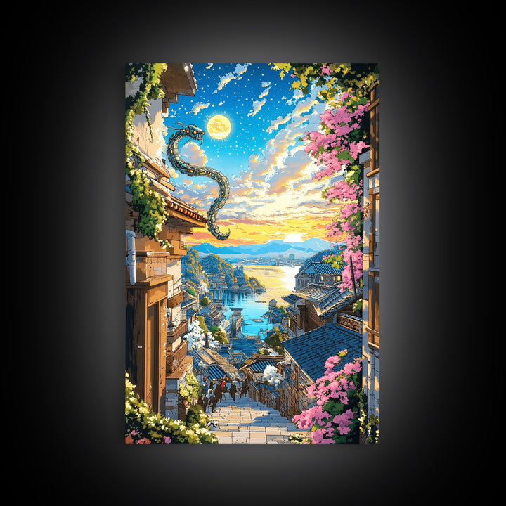 Dragon Over Sunlit Coastal Stairway Canvas Print, Japanese Village Wall Art, Cherry Blossom Decor, Fantasy Landscape Print