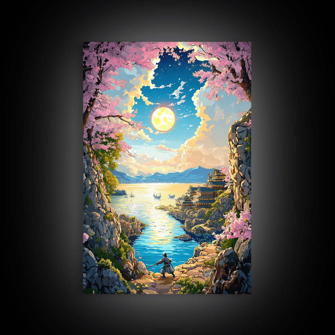 Moonlit Cherry Blossom Sea Cove Wall Art, Samurai Fantasy Landscape, Japanese Coastal Decor, Living Room Canvas Print, Home Decor