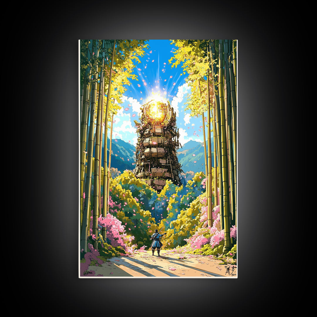 Glowing Samurai Tower In Bamboo Forest Wall Art, Japanese Fantasy Landscape, Asian Inspired Art Canvas Print, Living Room Decor