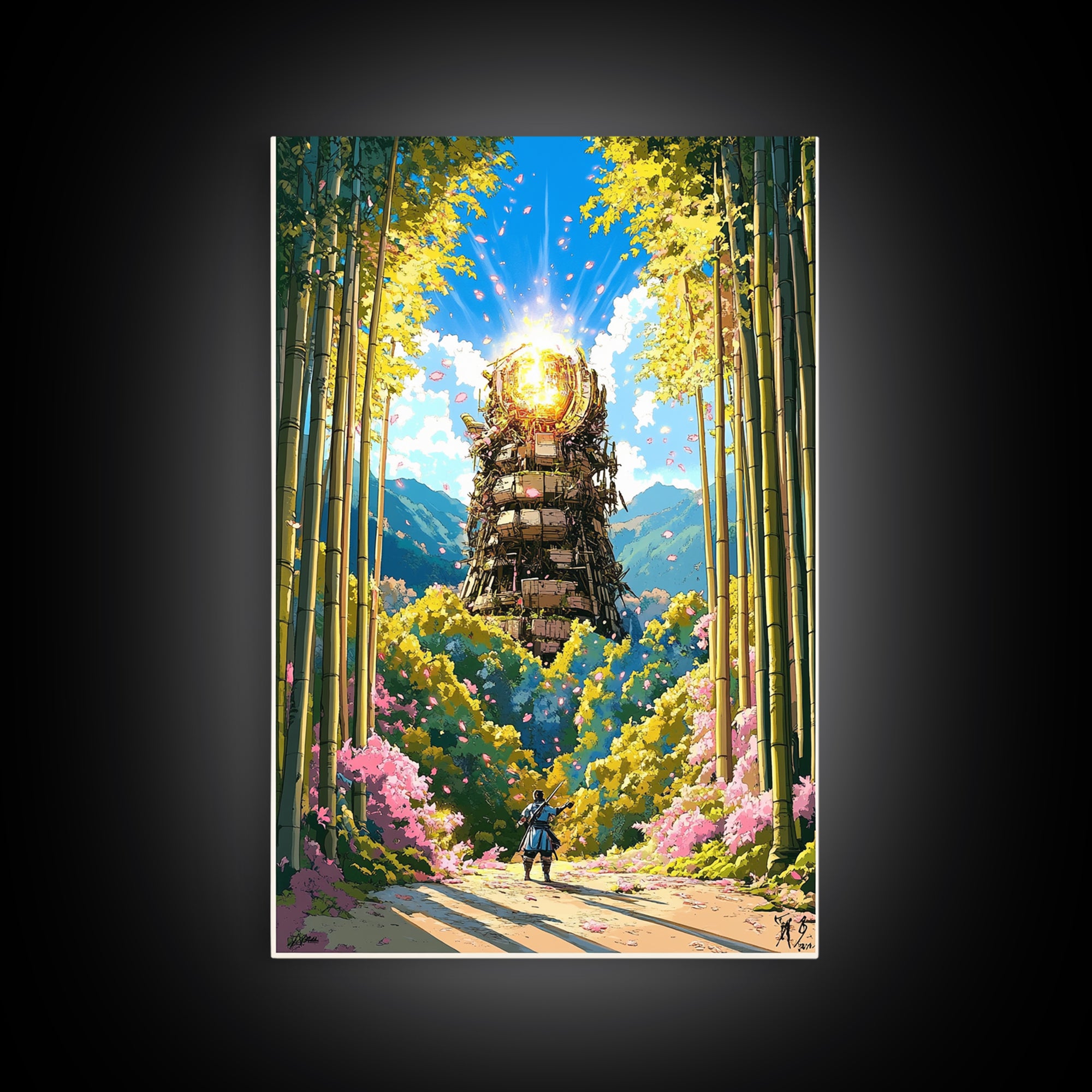 Glowing Samurai Tower In Bamboo Forest Wall Art, Japanese Fantasy Landscape, Asian Inspired Art Canvas Print, Living Room Decor