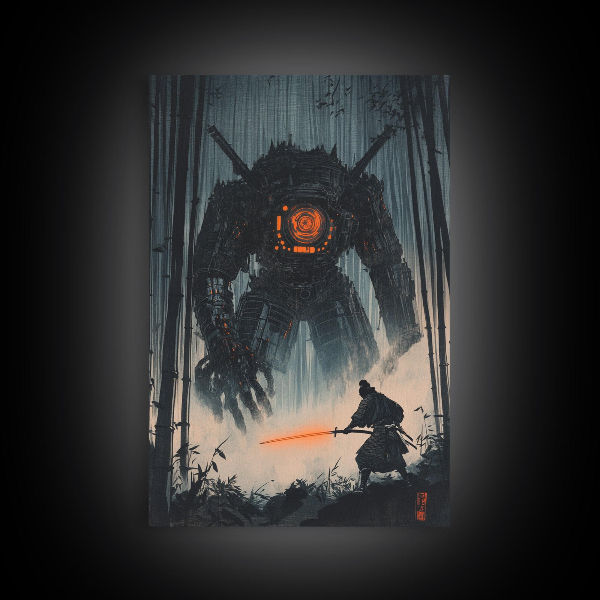 Dark Samurai Facing Giant Mech Wall Art, Cyberpunk Japanese Bamboo Forest, Neon Sword Framed Canvas Print, Office Wall Decor