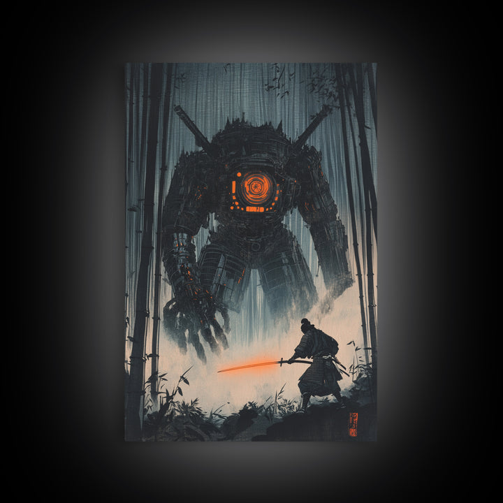 Dark Samurai Facing Giant Mech Wall Art, Cyberpunk Japanese Bamboo Forest, Neon Sword Framed Canvas Print, Office Wall Decor