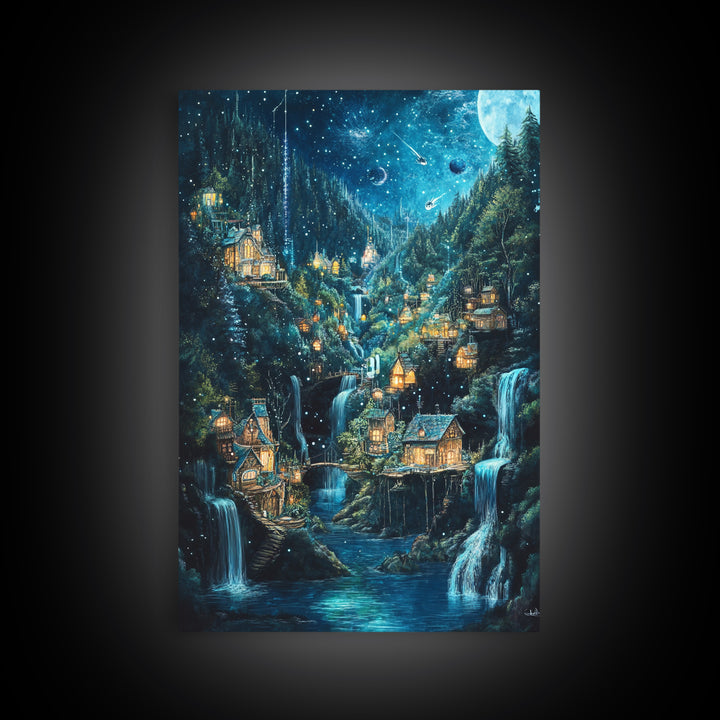 Starry Waterfall Village In Enchanted Forest Canvas Print, Fantasy Wall Art, Magical Cabin Decor, Cozy Living Room Decor