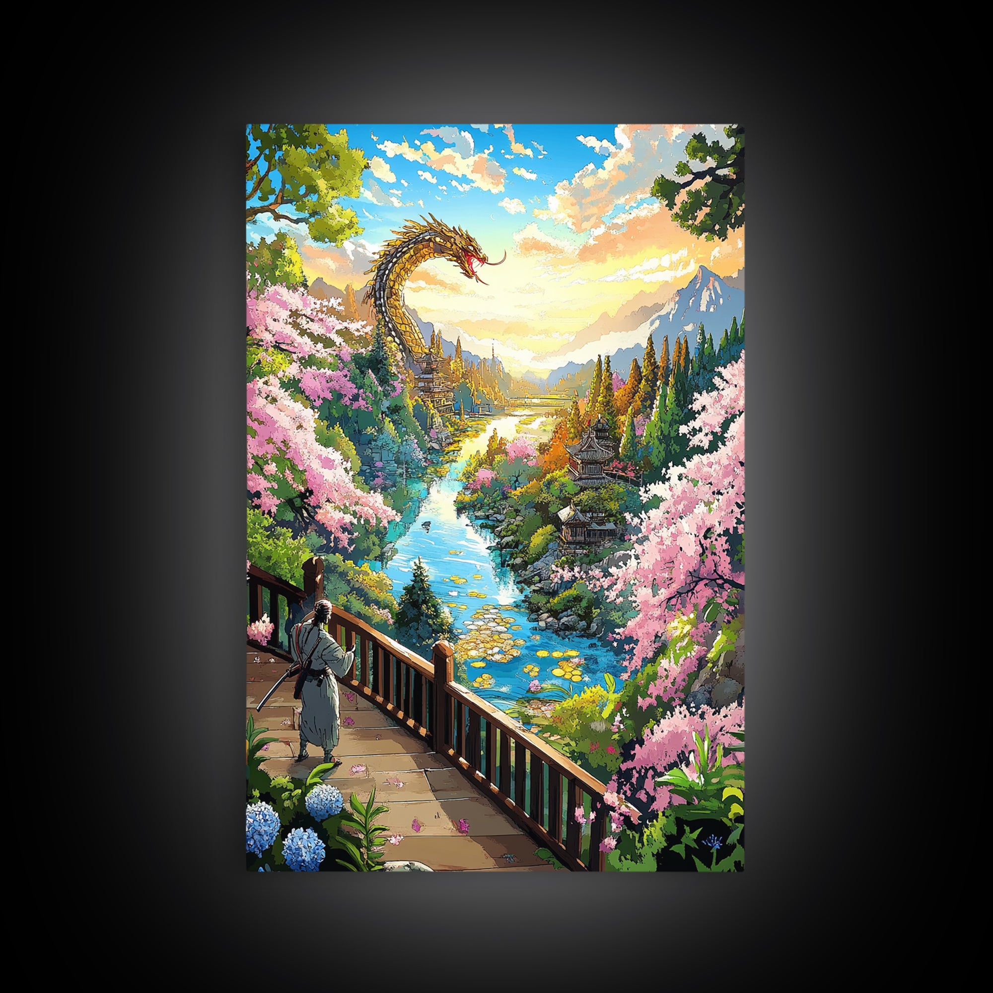 Golden Dragon Above Cherry Blossom Valley Wall Art, Japanese Fantasy Landscape, River Mountain Canvas Print, Zen Home Decor