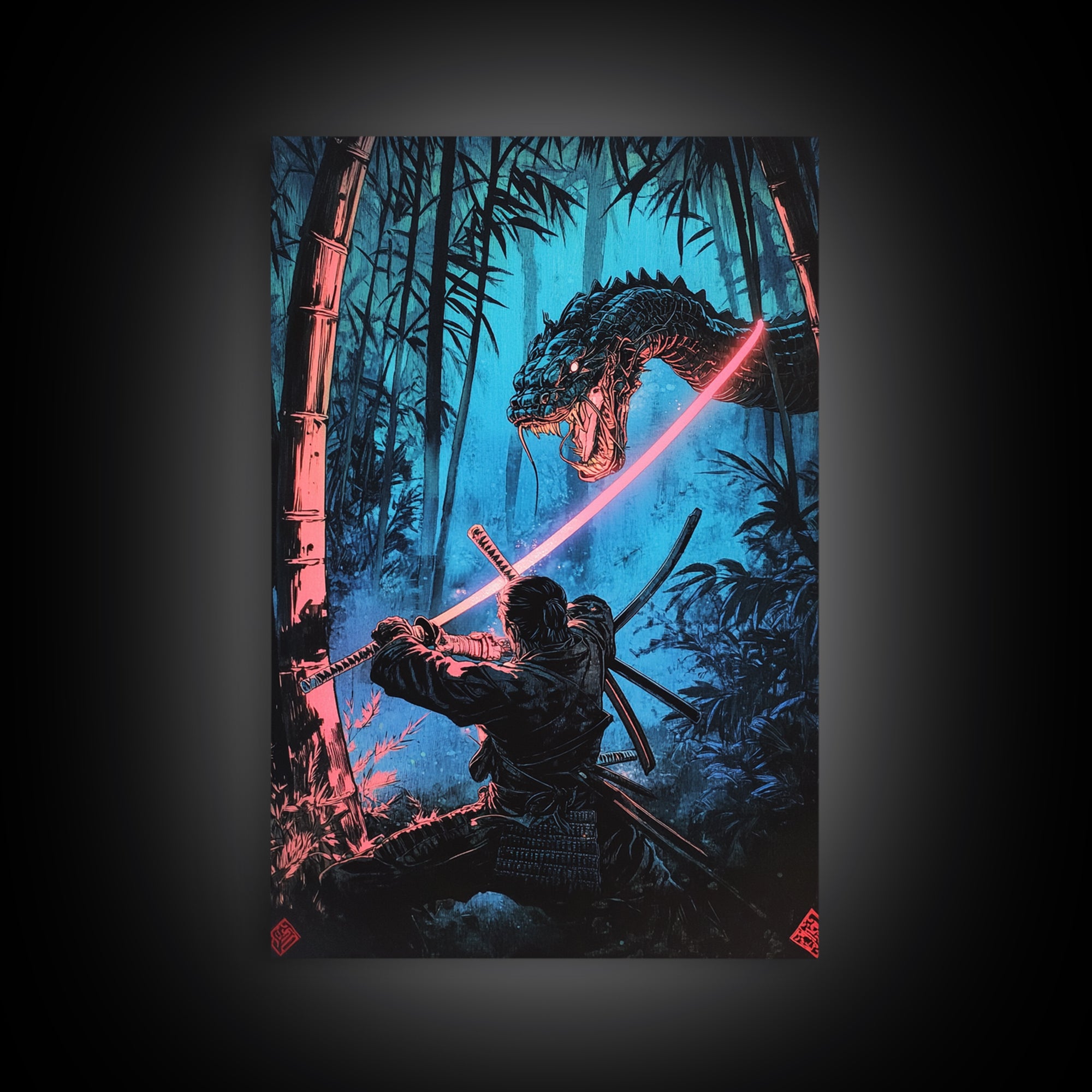 Neon Samurai Battling Serpent Dragon Wall Art, Cyberpunk Japanese Bamboo Forest, Dark Fantasy Framed Canvas Print, Office Decor