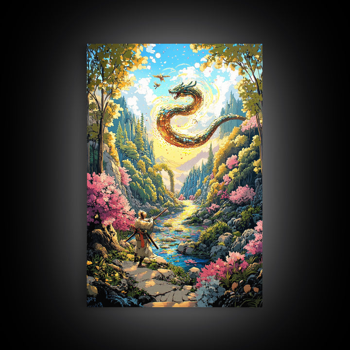 Warrior And Golden Dragon Mountain River Wall Art, Japanese Fantasy Canvas Print, Samurai Decor, Cherry Blossom Landscape