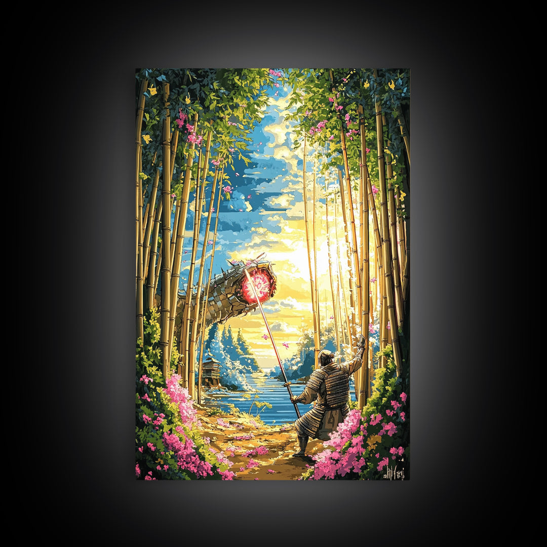 Samurai Banner In Bamboo Forest Wall Art, Japanese Warrior Canvas Print, Cherry Blossom Decor, Fantasy Landscape Poster Art
