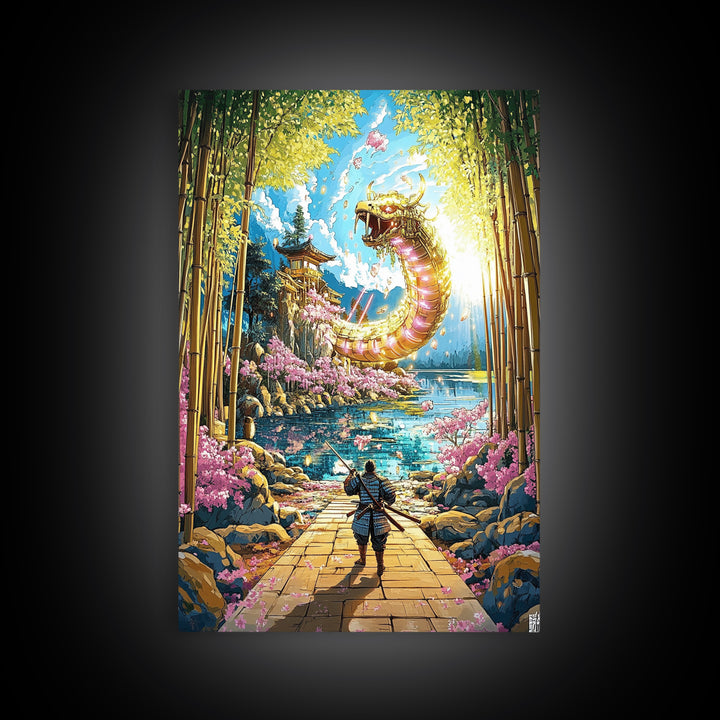 Golden Dragon By Bamboo Lake Framed Canvas Print, Samurai Wall Art, Japanese Fantasy Decor, Cherry Blossom Temple Art Print