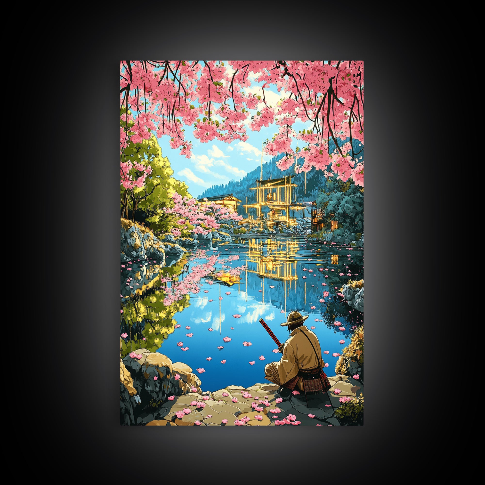 Seated Samurai At Cherry Blossom Lake Wall Art, Japanese Garden Canvas Print, Torii Reflection Decor, Peaceful Landscape