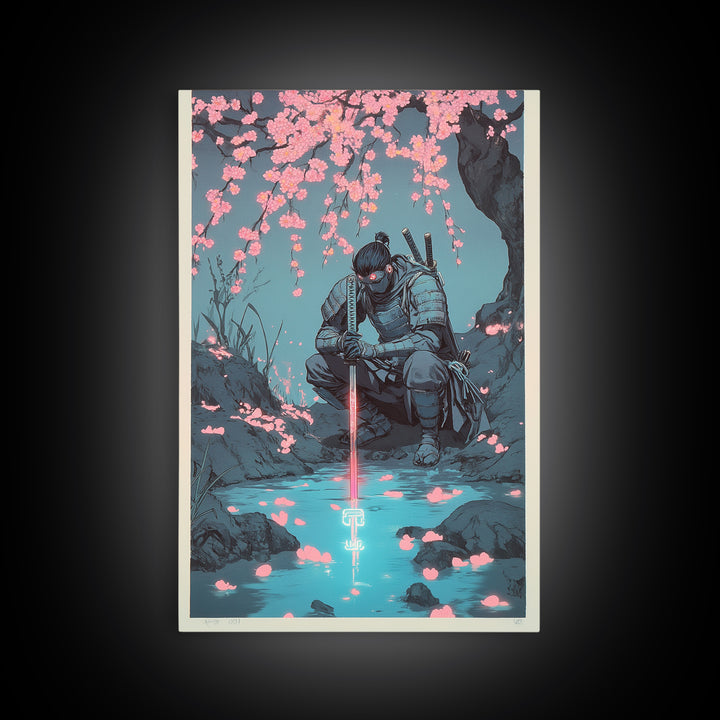 Kneeling Samurai With Glowing Sword Wall Art, Dark Japanese Canvas Print, Cherry Blossom Stream Decor, Ninja Warrior Poster
