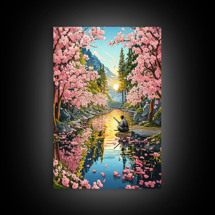 Samurai Meditation Beside Cherry River Wall Art, Japanese Landscape Canvas Print, Sakura Sunset Decor, Mountain Reflection