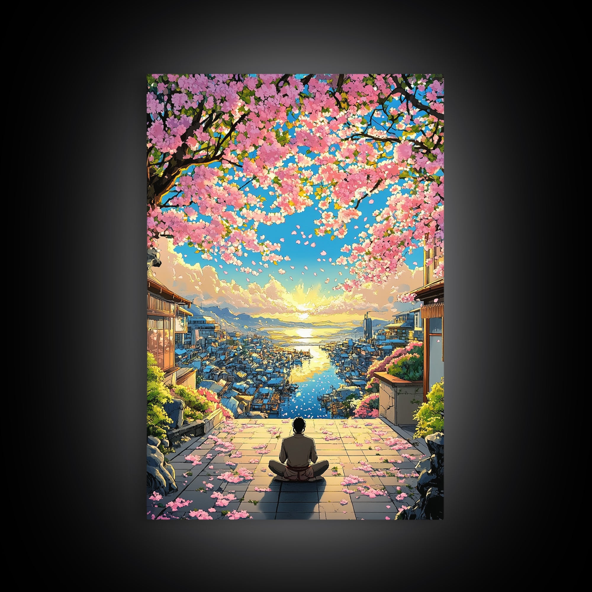 Meditation Over Cherry Blossom Harbor Wall Art, Japanese Coastal Canvas Print, Sakura Cityscape Decor, Peaceful Sunset Art