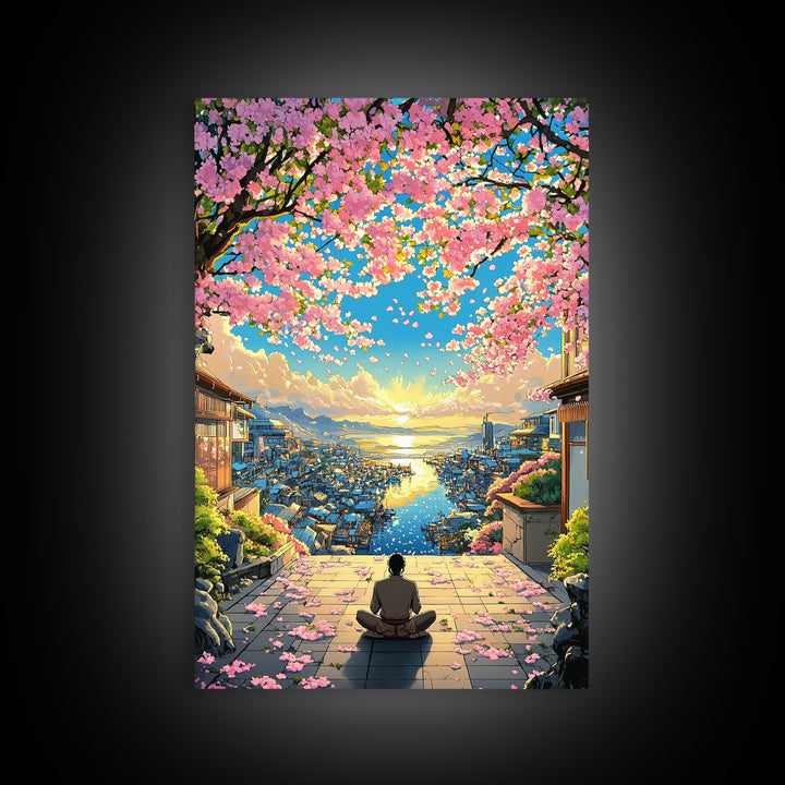 Meditation Over Cherry Blossom Harbor Wall Art, Japanese Coastal Canvas Print, Sakura Cityscape Decor, Peaceful Sunset Art