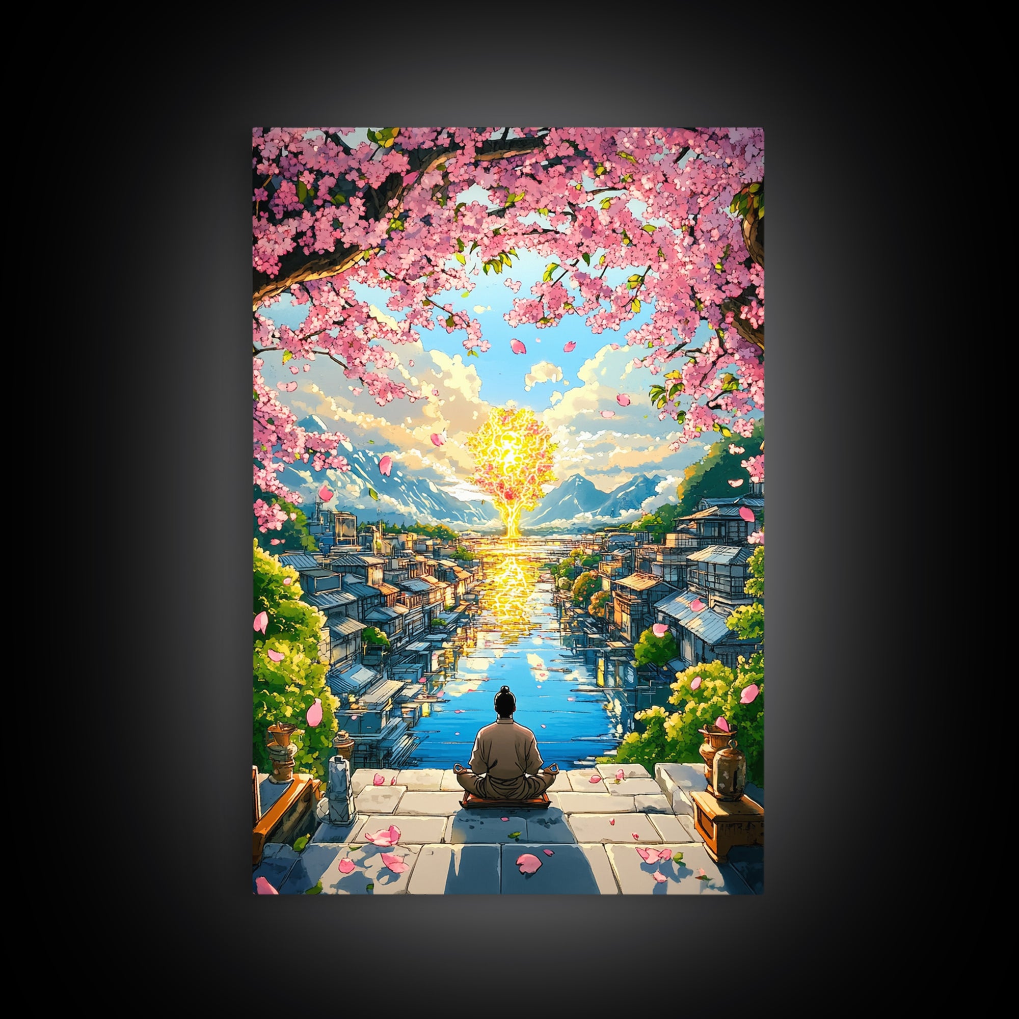 Meditating Figure Beneath Golden Tree Wall Art, Cherry Blossom Canvas Print, Japanese Canal City Decor, Spiritual Landscape