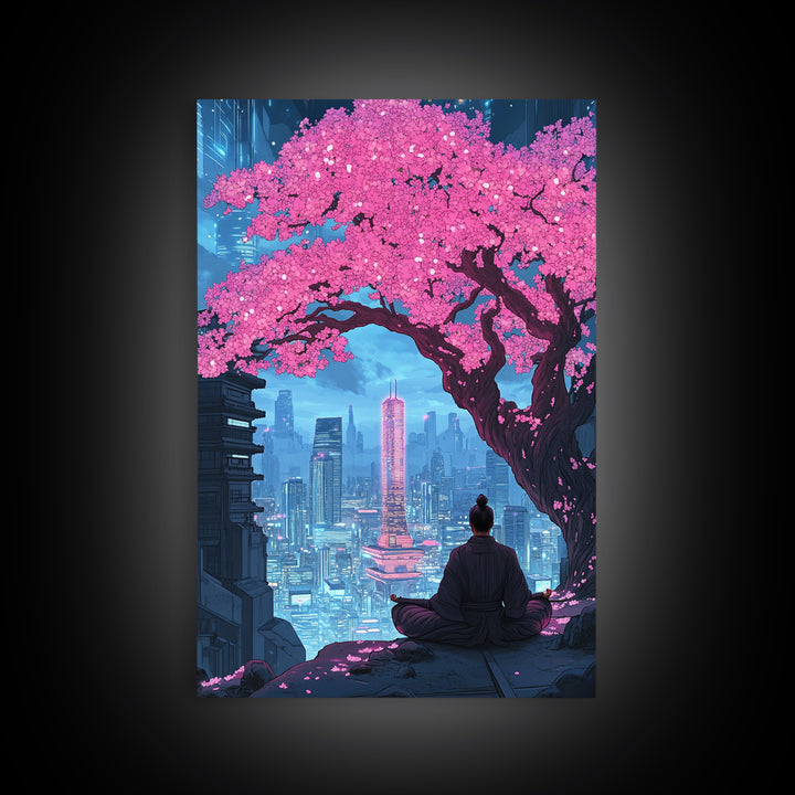 Pink Cherry Blossom Meditation City Wall Art, Cyberpunk Japanese Landscape Print, Neon Urban Decor, Zen Living Room Art Gift