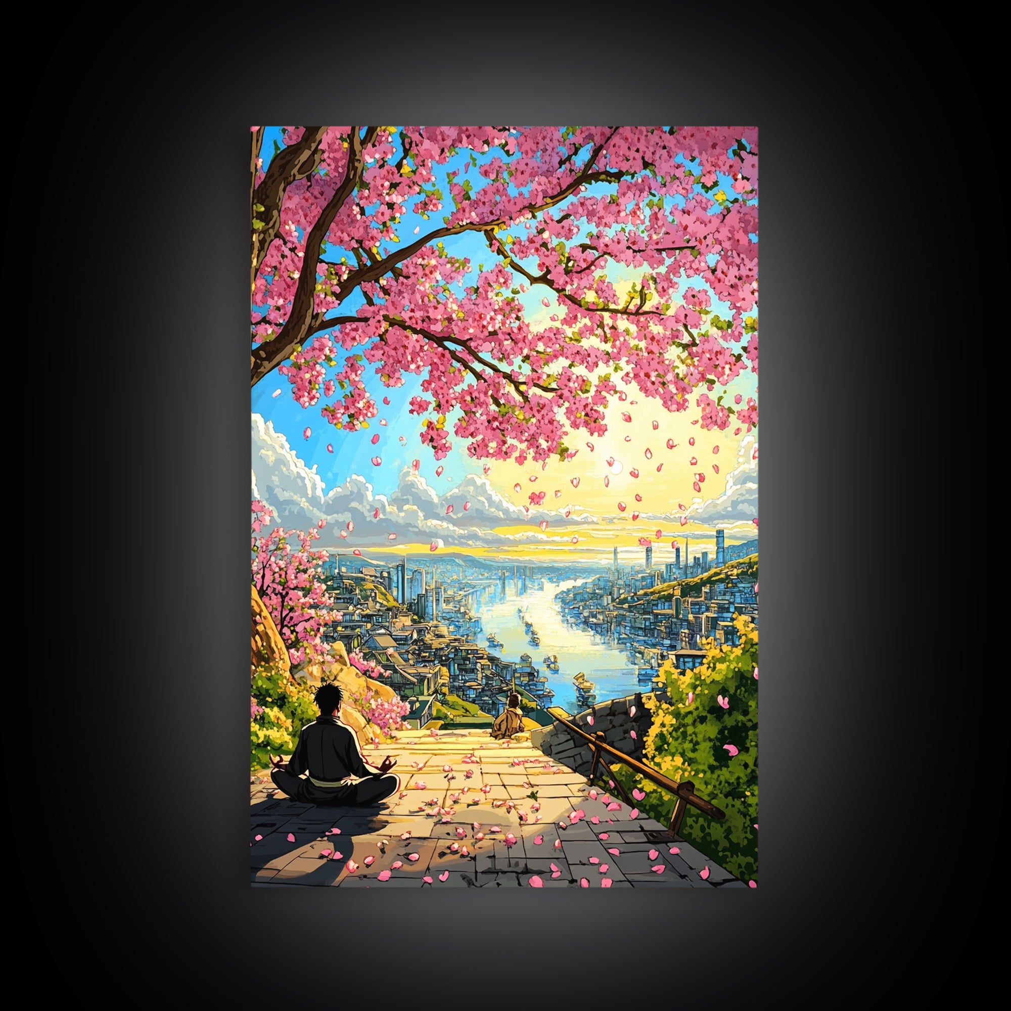 Cherry Blossom Stairway Bay Canvas Print, Japanese Coastal Landscape Art, Peaceful Zen Decor, Colorful Living Room Wall Art